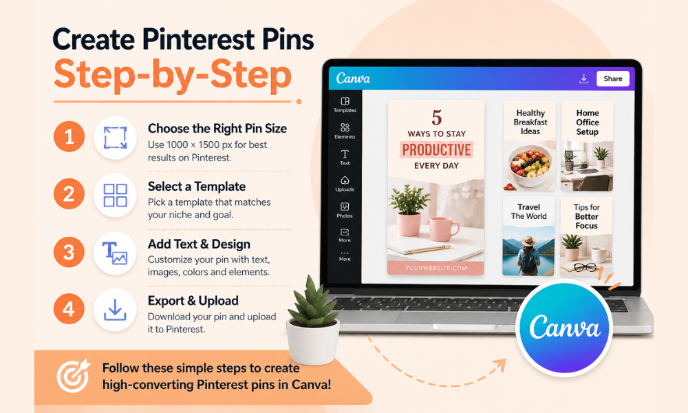 how to create Pinterest pins in Canva step by step guide showing pin size template design and upload process
