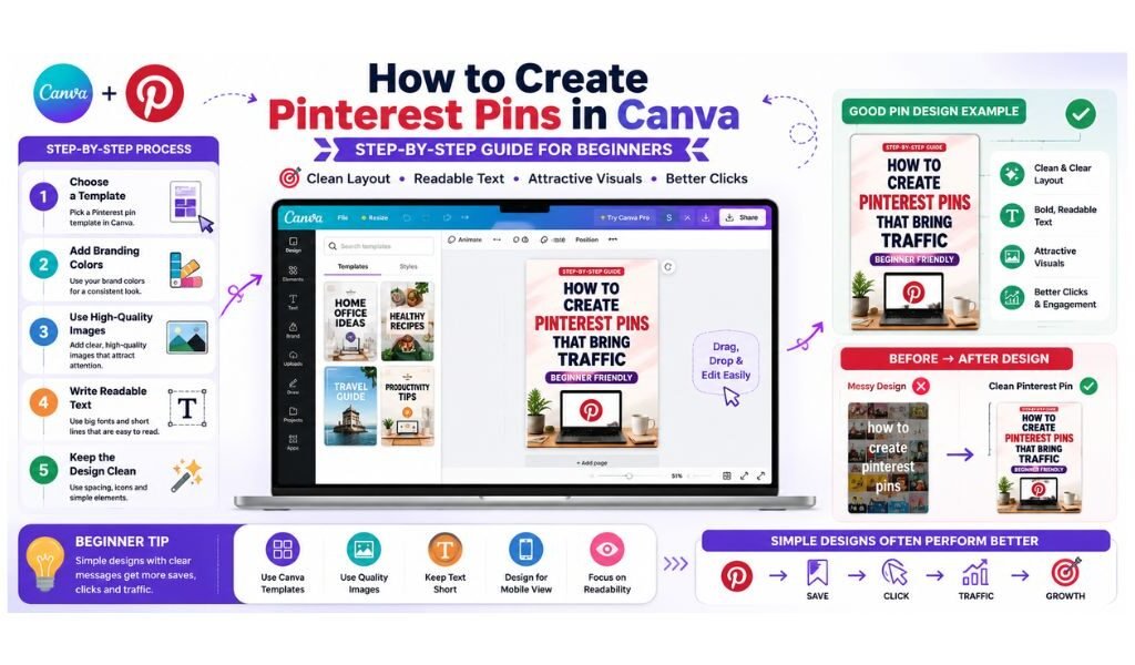 How to create Pinterest pins in Canva step by step using templates, branding colors, and clean Pinterest design layouts
