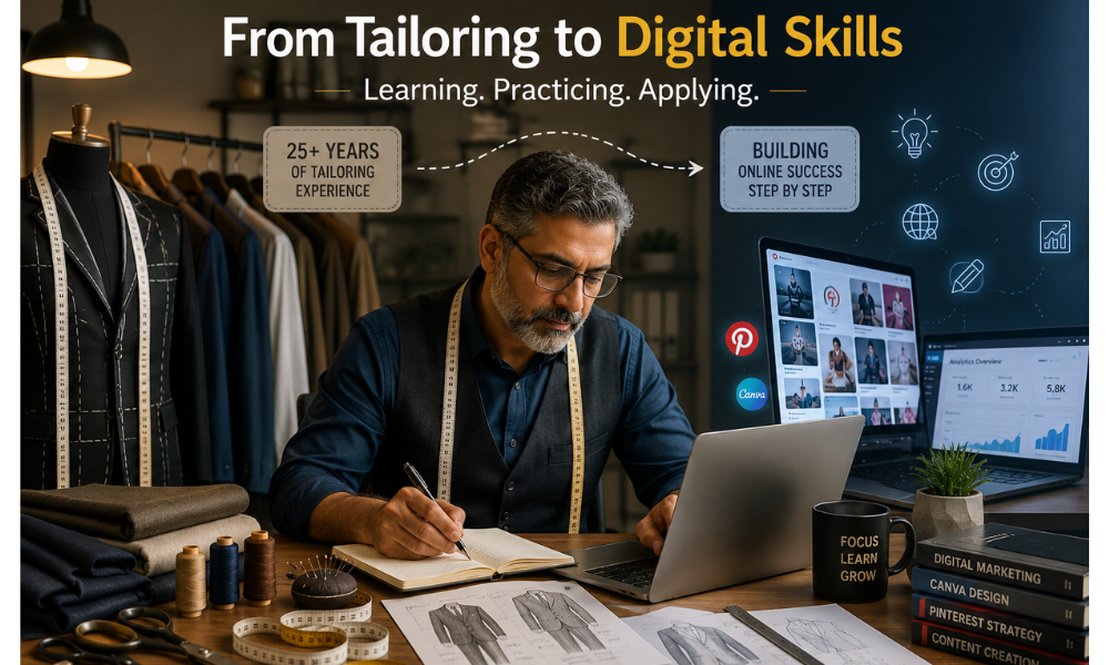 Applied Digital Skills journey from tailoring to online success using Canva Pinterest and website tools
