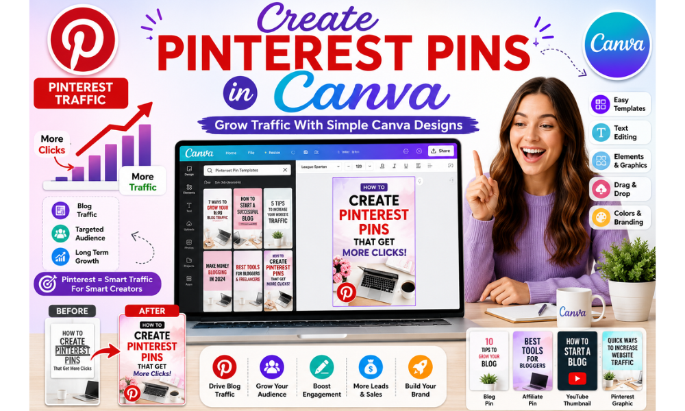 How to create Pinterest pins in Canva for beginners using Canva templates and Pinterest traffic design ideas
