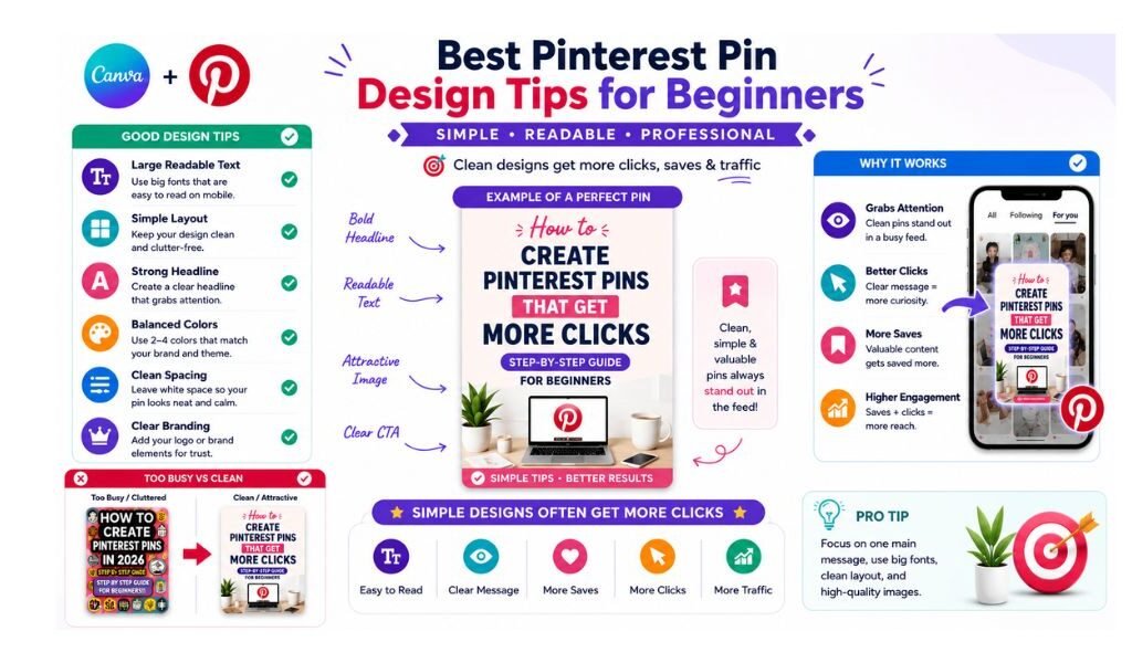 How to create Pinterest pins in Canva using clean layouts, readable text, and beginner-friendly Pinterest design tips
