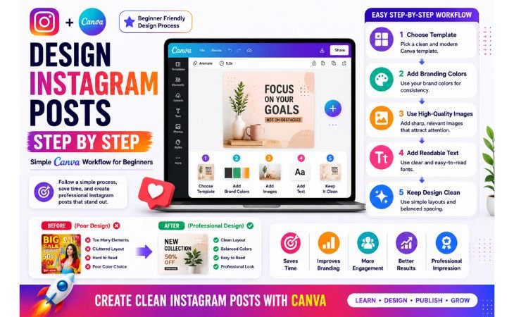 How to design Instagram posts in Canva step by step using templates, branding colors, readable text, high-quality images, and clean Instagram layouts.