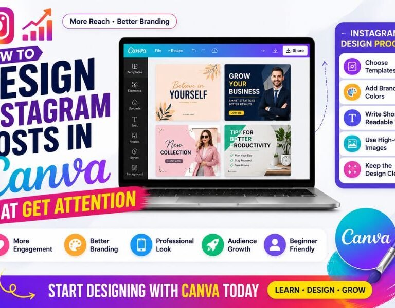 How to design Instagram posts in Canva using beginner-friendly templates, branding colors, readable text, and clean layouts for better engagement and audience growth.