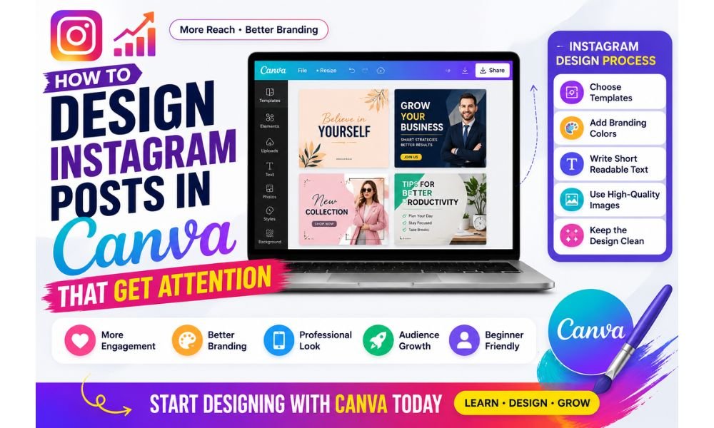 How to design Instagram posts in Canva using beginner-friendly templates, branding colors, readable text, and clean layouts for better engagement and audience growth.