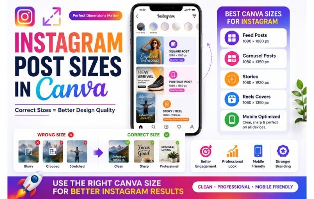 How to design Instagram posts in Canva using the correct Instagram post sizes, mobile-friendly dimensions, clean layouts, and professional Canva design formats.