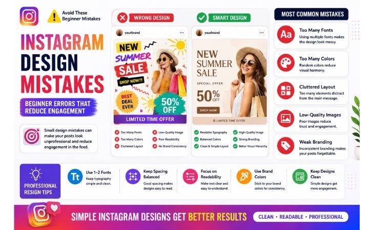 How to design Instagram posts in Canva while avoiding beginner design mistakes like cluttered layouts, too many fonts, weak branding, and unreadable Instagram graphics.