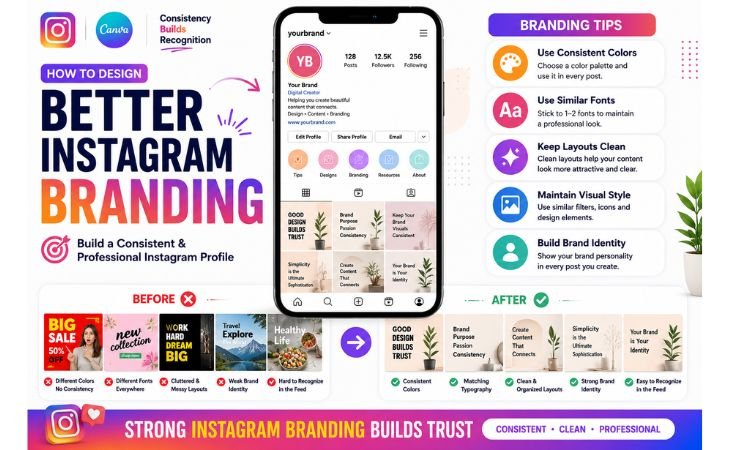 How to design Instagram posts in Canva with consistent branding, clean layouts, matching colors, professional typography, and visually attractive Instagram content.