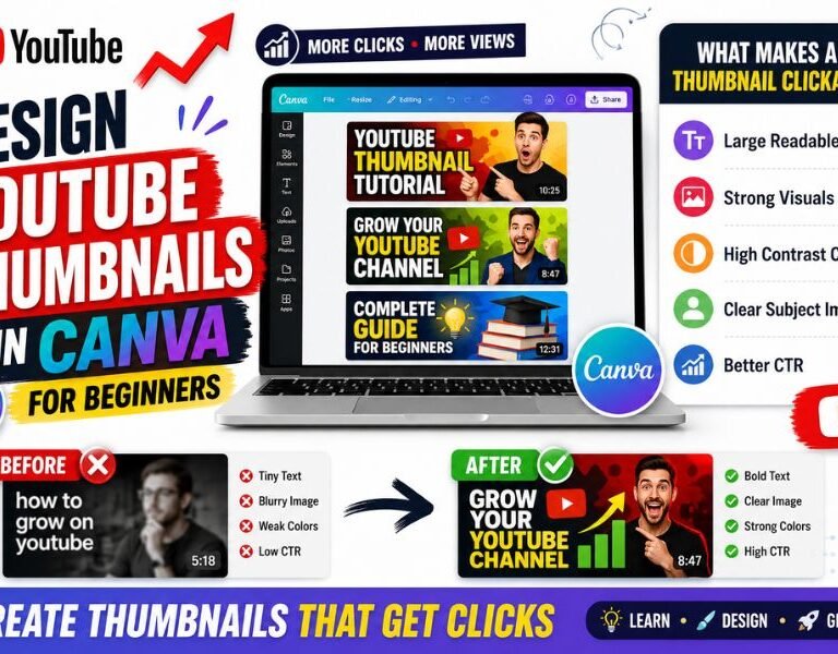 How to design YouTube thumbnails in Canva for beginners using templates, bold text, high-contrast colors, and CTR-focused design strategies.