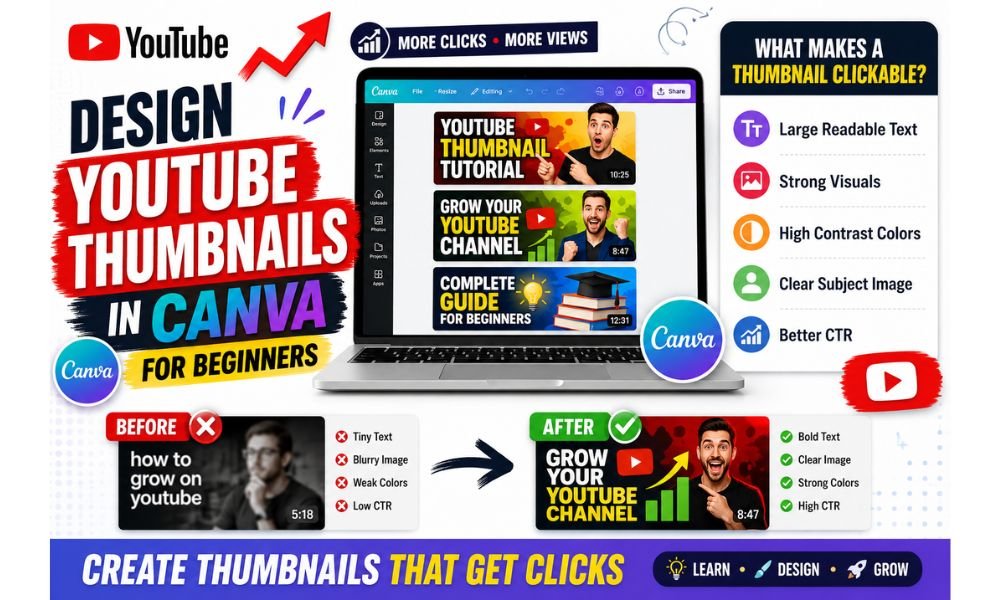 How to design YouTube thumbnails in Canva for beginners using templates, bold text, high-contrast colors, and CTR-focused design strategies.