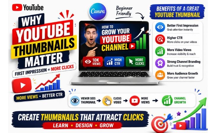 How to design YouTube thumbnails in Canva by understanding why thumbnails matter for first impressions, higher CTR, more views, and channel growth.