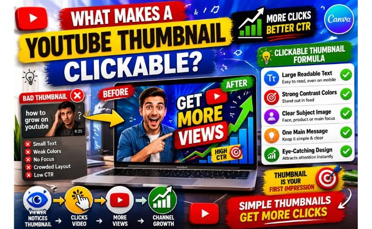 How to design YouTube thumbnails in Canva using readable text, strong contrast colors, clear subject images, and CTR-focused design principles.