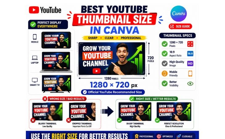 How to design YouTube thumbnails in Canva using the recommended 1280×720 pixel size, correct aspect ratio, and high-quality thumbnail dimensions for better visibility.
