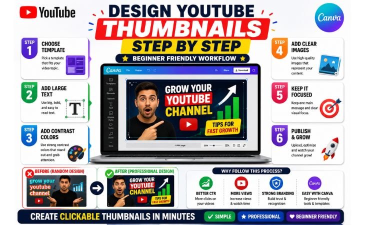 How to design YouTube thumbnails in Canva step by step using templates, bold text, contrast colors, clear images, and a focused design workflow.