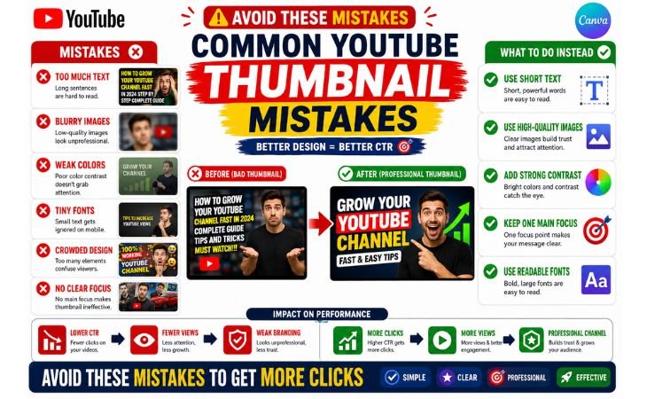 How to design YouTube thumbnails in Canva by avoiding common mistakes such as too much text, blurry images, weak colors, tiny fonts, and cluttered designs.