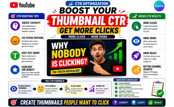 How to design YouTube thumbnails in Canva using curiosity, strong visuals, clear messaging, and CTR optimization techniques to increase clicks and video views.
