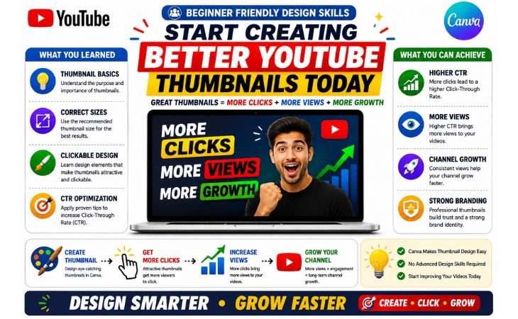 How to design YouTube thumbnails in Canva using beginner-friendly design skills to improve CTR, increase views, strengthen branding, and grow a YouTube channel.