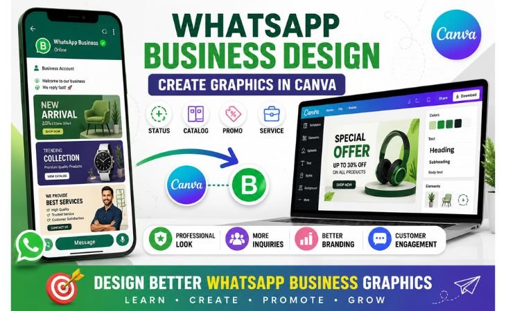 WhatsApp Business Design graphic showing Canva templates, WhatsApp marketing graphics, status designs, catalog covers, and business branding elements.