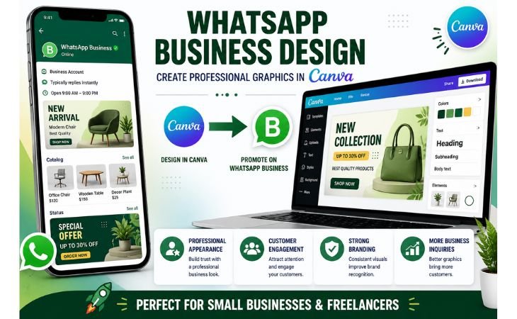 WhatsApp Business Design infographic showing Canva templates, WhatsApp Business graphics, promotional content, customer engagement, and business branding for beginners.
