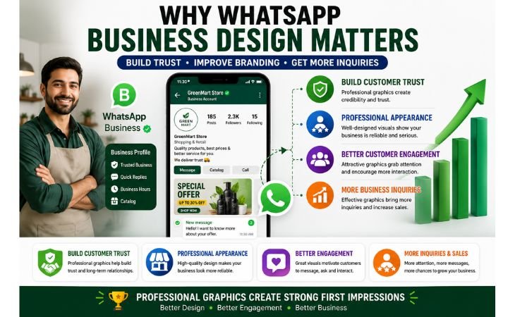 WhatsApp Business Design infographic showing customer trust, professional branding, customer engagement, and increased business inquiries through professional graphics.