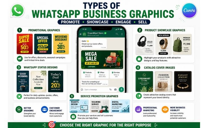 Types of WhatsApp Business Graphics including promotional graphics, product showcase graphics, WhatsApp status designs, catalog cover images, and service promotion graphics created in Canva.
