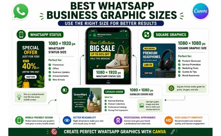 Best WhatsApp Business Graphic Sizes infographic showing WhatsApp Status size 1080×1920 px, square graphics size 1080×1080 px, and catalog cover dimensions for Canva designs.
