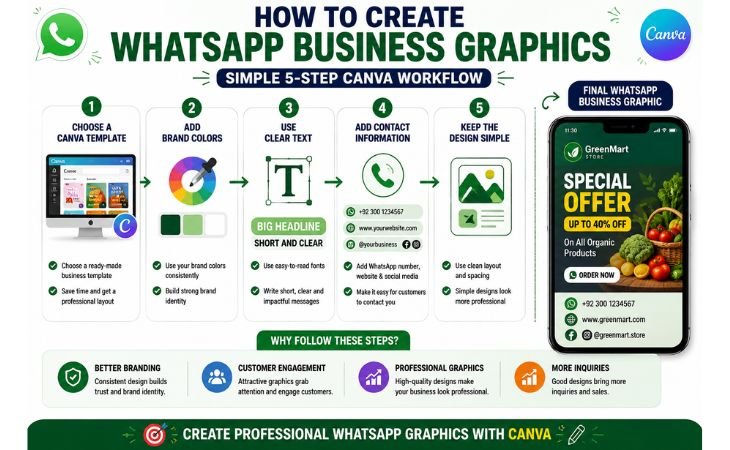 How to Create WhatsApp Business Graphics infographic showing a 5-step Canva workflow including choosing a template, adding brand colors, using clear text, adding contact information, and keeping the design simple.
