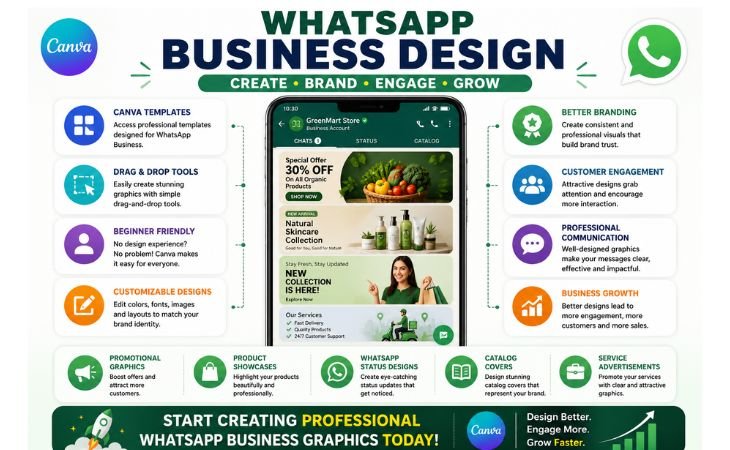 WhatsApp Business Design infographic showing Canva templates, professional business graphics, customer engagement, branding, WhatsApp status designs, catalog covers, and business growth strategies.

