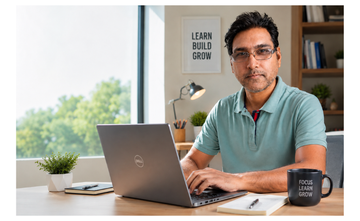 Digital entrepreneur working on a laptop while learning Canva, Pinterest Marketing, WordPress, and Blogging skills