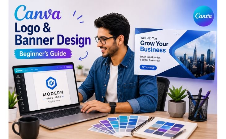 Canva Logo and Banner Design for Beginners showing a designer creating a professional logo and business banner in Canva using branding colors and modern design elements.