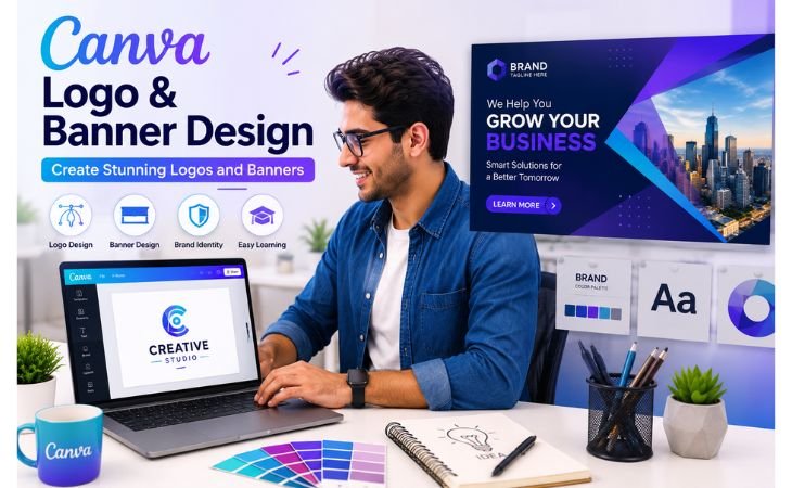 Canva Logo and Banner Design tutorial showing a beginner designer creating professional logos and banners in Canva with branding elements and a modern workspace.