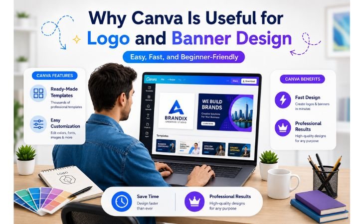 Canva Logo and Banner Design tutorial showing a beginner using Canva templates to create professional logos and banners with easy customization and fast design tools.