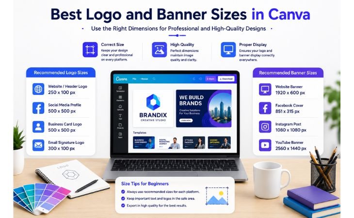 Canva Logo and Banner Design size guide showing recommended logo sizes and banner dimensions for creating professional branding materials in Canva.