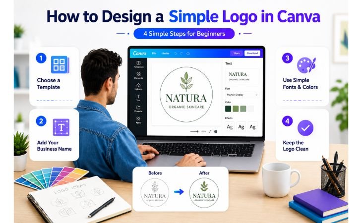 Canva Logo and Banner Design tutorial showing a beginner creating a professional logo in Canva using templates, business names, fonts, and colors.