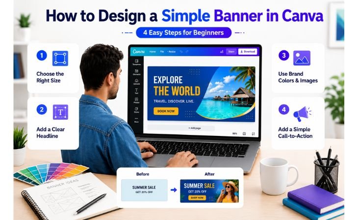 Canva Logo and Banner Design tutorial showing a beginner creating a professional banner in Canva using the right size, clear headlines, brand colors, images, and call-to-action elements.