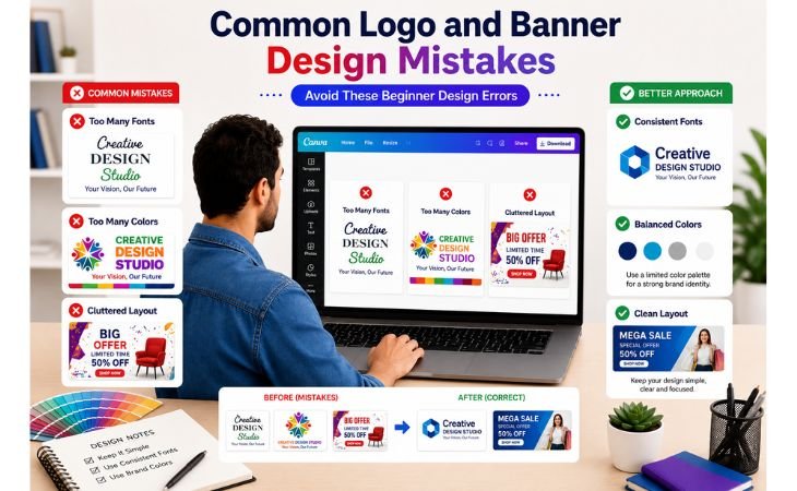 Canva Logo and Banner Design infographic showing common beginner mistakes such as too many fonts, too many colors, and cluttered layouts, along with professional design solutions for better branding.