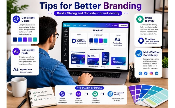 Canva Logo and Banner Design infographic showing branding tips, including consistent colors, consistent fonts, brand identity, and multi-platform branding for beginners.