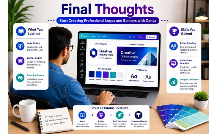 Canva Logo and Banner Design final thoughts infographic showing logo design, banner design, branding basics, learning journey, and professional branding skills gained by beginners.