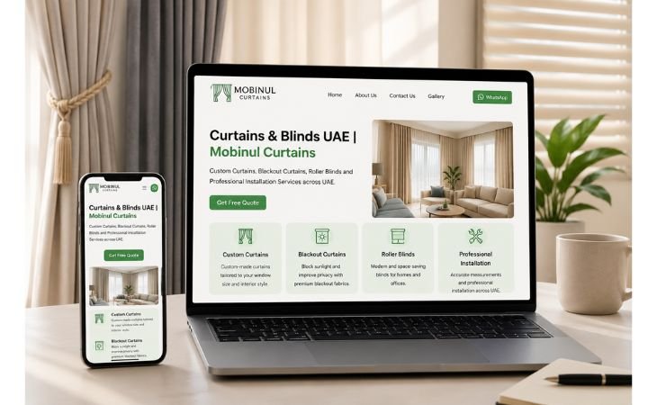 A modern and professional website design created for Mobinul Curtains. This responsive WordPress website showcases custom curtains, blackout curtains, roller blinds, and installation services with a clean layout, mobile-friendly design, and easy navigation for customers across the UAE.