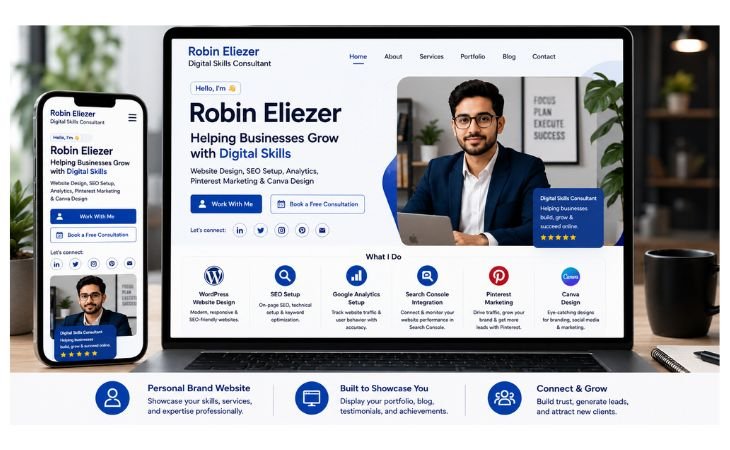 Modern personal brand website displayed on laptop and mobile screen showcasing services, content creation, SEO strategy, and professional online presence.