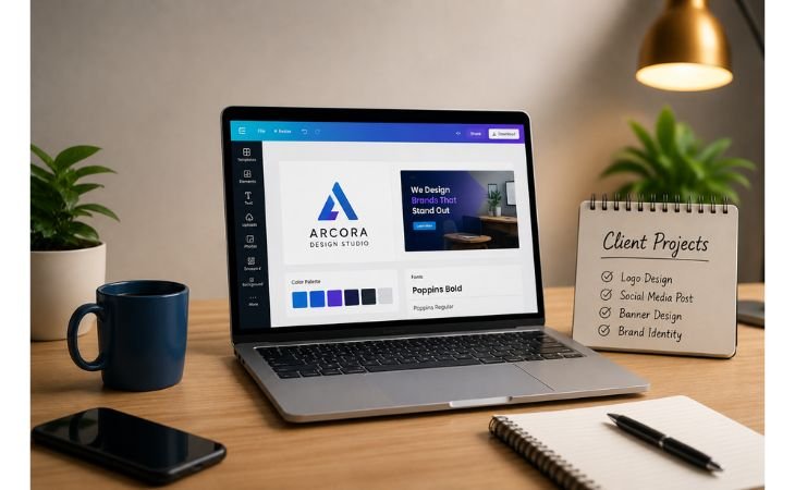 How Canva Helps Fiverr Freelancers feature image showing a modern workspace with logo design, banner design, color palette, and client project planning for beginner freelancers.