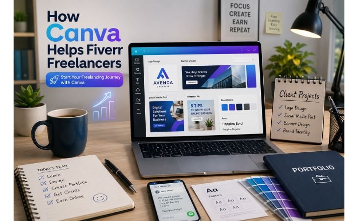 How Canva Helps Fiverr Freelancers feature image showing a modern workspace with logo design, banner design, portfolio planning, and client projects for beginner freelancers.