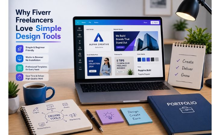 How Canva Helps Fiverr Freelancers image showing a modern design workspace with logo design, website banner, portfolio, and professional design tools for beginner freelancers.