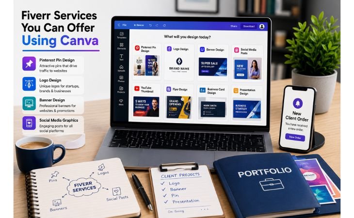 Fiverr Services You Can Offer Using Canva image showing a professional freelancer workspace with logo design, Pinterest pin design, banner design, social media graphics, business cards, presentations, and client projects.