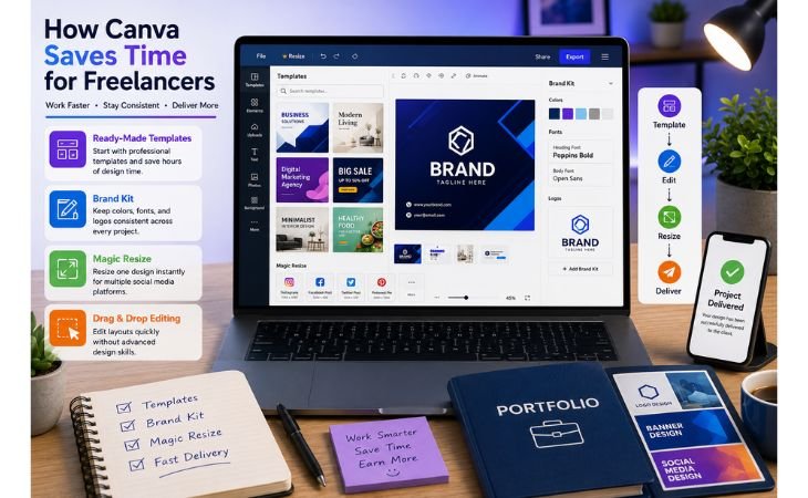 How Canva Saves Time for Freelancers image showing a modern freelancer workspace with ready-made templates, Brand Kit, Magic Resize, drag-and-drop editing, portfolio, and fast project delivery.
