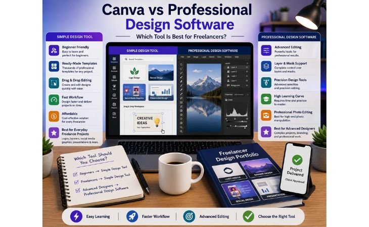 Canva vs Professional Design Software image comparing a simple design tool with professional design software, highlighting beginner-friendly features, advanced editing tools, faster workflow, and freelance design projects.