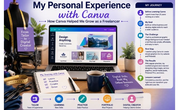 How Canva Helps Fiverr Freelancers personal experience image showing a tailor's journey into digital skills with a modern workspace, logo design, blog graphics, Pinterest pins, and online business growth.