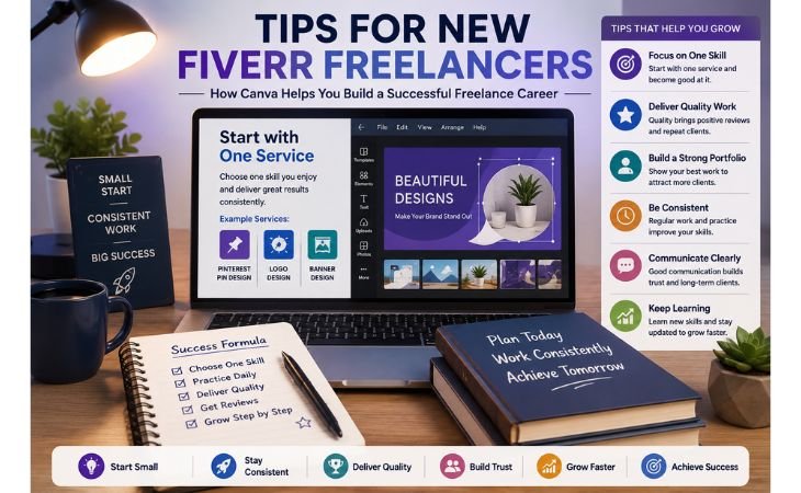 How Canva Helps Fiverr Freelancers image showing practical tips for new freelancers, including starting with one service, building a portfolio, delivering quality work, staying consistent, and growing a successful freelance career.