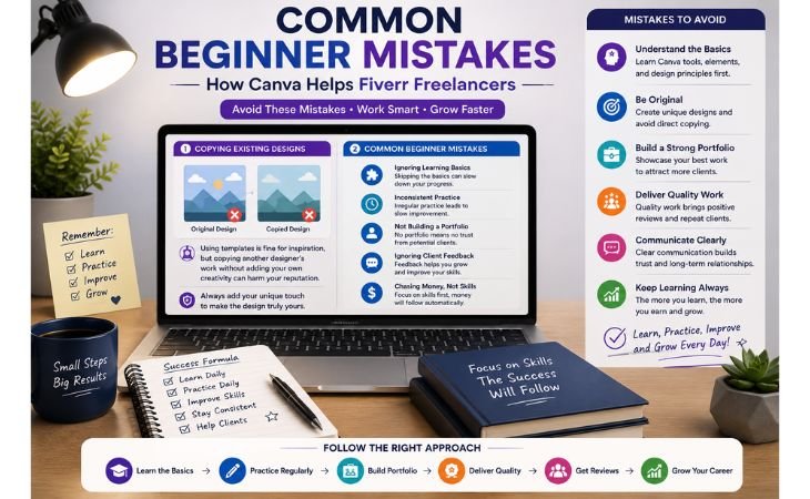 How Canva Helps Fiverr Freelancers image showing common beginner mistakes such as copying existing designs, ignoring design basics, skipping portfolio building, poor communication, and learning how to improve freelancing skills.