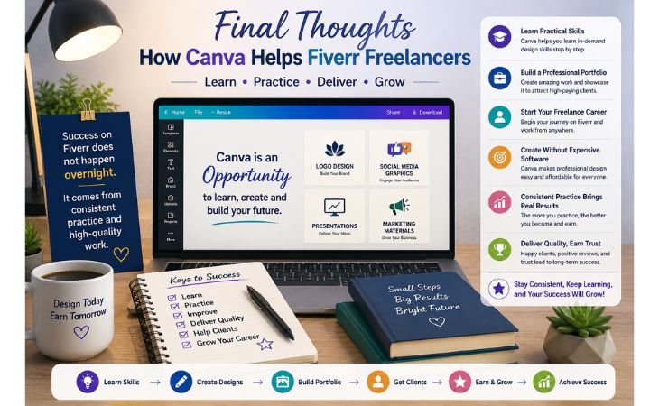 How Canva Helps Fiverr Freelancers final thoughts image showing a freelancer's journey from learning practical design skills to building a professional portfolio, getting clients, and achieving long-term freelancing success.