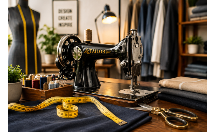 Tailoring & Fashion professional sewing machine with tailoring tools in a modern sewing studio